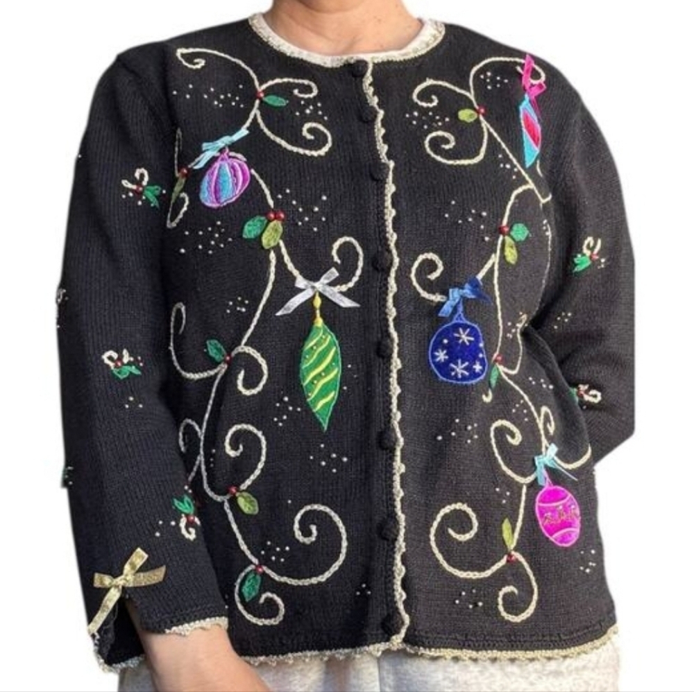 Studio Joy Vintage Black Christmas Embroidered Knit Cardigan Sweater Small